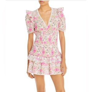 LoveShackFancy Rena Cotton Lace Trim Floral Mini Dress, Size Small